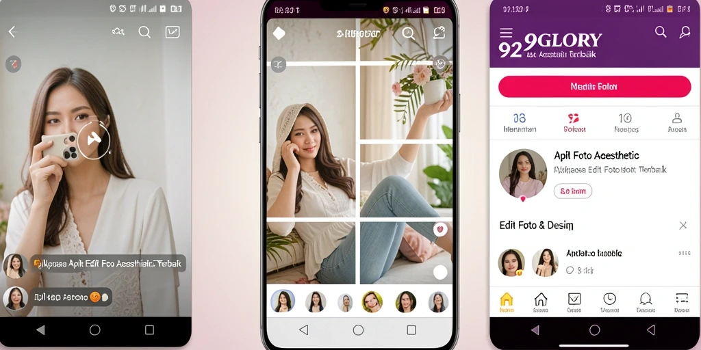 Antarmuka 92GLORY yang memukau dengan fitur edit foto aesthetic.